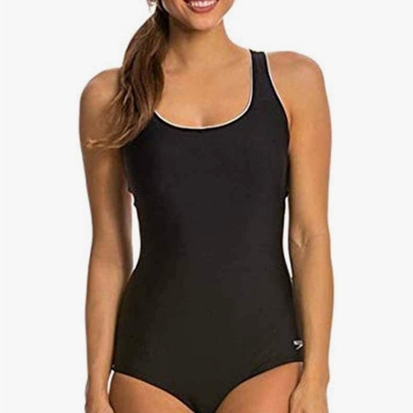 Speedo Womens Ultraback One Piece Swimsuit Black with White Piping Size 6 - Picture 1 of 10